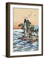 Seacoast Village Shichirigahama with View of Mount Fuji, Japanese Wood-Cut Print-Lantern Press-Framed Art Print