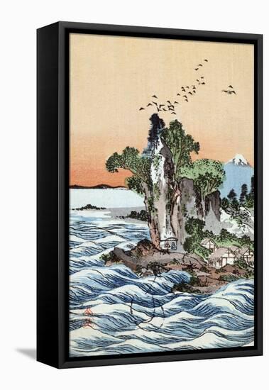 Seacoast Village Shichirigahama with View of Mount Fuji, Japanese Wood-Cut Print-Lantern Press-Framed Stretched Canvas