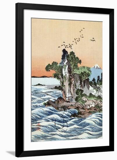 Seacoast Village Shichirigahama with View of Mount Fuji, Japanese Wood-Cut Print-Lantern Press-Framed Art Print