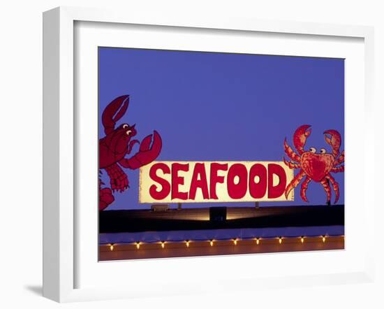 Seafood Sign at Night, Cape Breton, Nova Scotia, Canada-Walter Bibikow-Framed Premium Photographic Print