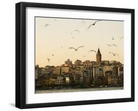 Seagulls Flock Above the Golden Horn, Istanbul, with the Galata Tower in the Background-Julian Love-Framed Photographic Print