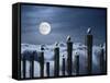 Seagulls Perched On Wooden Posts Under a Full Moon-Stocktrek Images-Framed Stretched Canvas