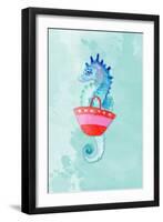 Seahorse With Bag on Watercolor (blue)-Lanie Loreth-Framed Art Print