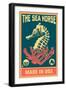 Seahorse Woodblock (Blue and Pink)-Lantern Press-Framed Art Print