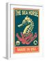 Seahorse Woodblock (Blue and Pink)-Lantern Press-Framed Art Print