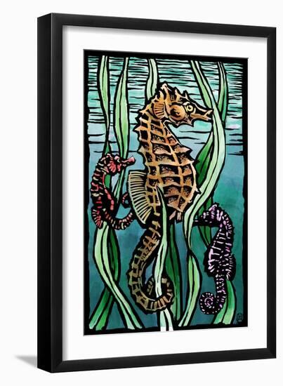 Seahorses - Scratchboard-Lantern Press-Framed Art Print