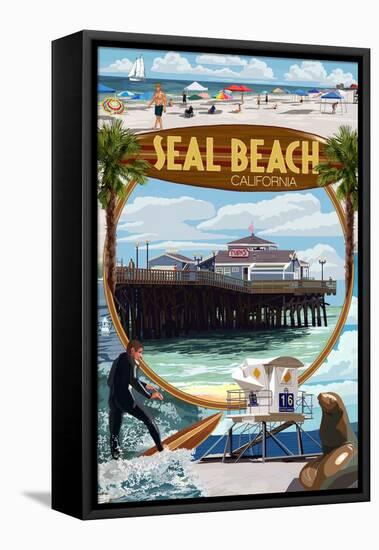 Seal Beach, California - Montage Scenes-Lantern Press-Framed Stretched Canvas