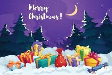 Christmas Gift Box in Snow Greeting Card. Christmas Present Box and Santa Gift Bag with Red Ribbon-seamartini-Art Print