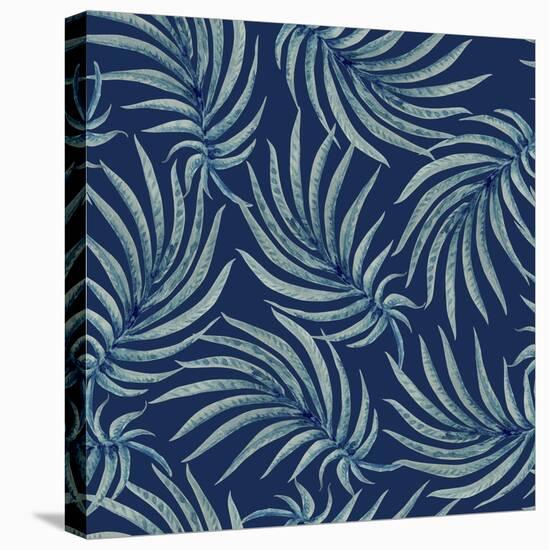Seamless Abstract Floral Pattern from Watercolor Painted Palm Leaf Silhouette on a Dark Indigo Blue-L Kramer-Stretched Canvas