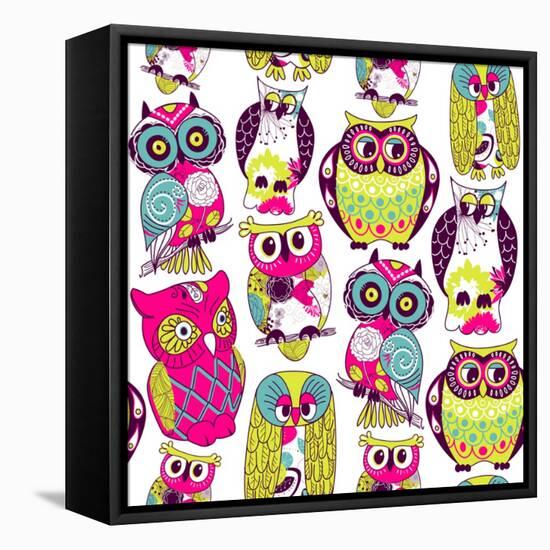 Seamless and Colourful Owl Pattern.-Alisa Foytik-Framed Stretched Canvas