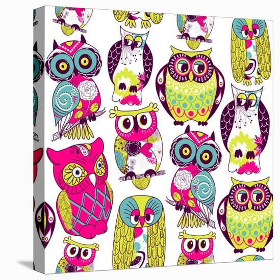 Seamless and Colourful Owl Pattern.-Alisa Foytik-Stretched Canvas