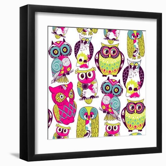 Seamless and Colourful Owl Pattern.-Alisa Foytik-Framed Art Print