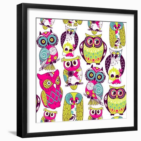 Seamless and Colourful Owl Pattern.-Alisa Foytik-Framed Art Print