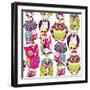 Seamless and Colourful Owl Pattern.-Alisa Foytik-Framed Art Print