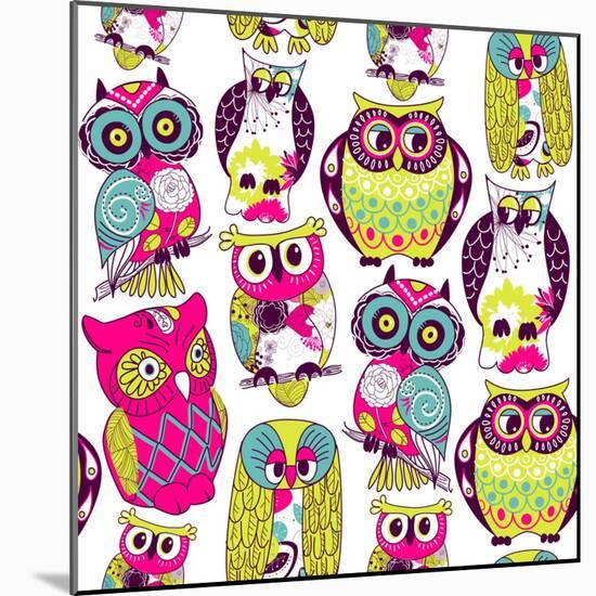Seamless and Colourful Owl Pattern.-Alisa Foytik-Mounted Art Print