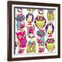 Seamless and Colourful Owl Pattern.-Alisa Foytik-Framed Art Print