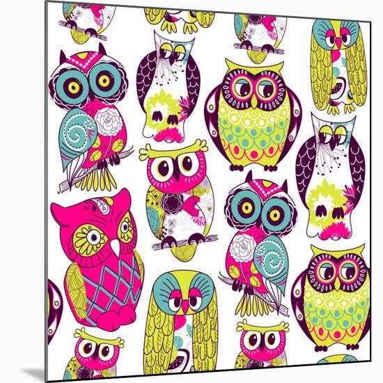 Seamless and Colourful Owl Pattern.-Alisa Foytik-Mounted Art Print