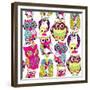 Seamless and Colourful Owl Pattern.-Alisa Foytik-Framed Premium Giclee Print