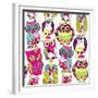 Seamless and Colourful Owl Pattern.-Alisa Foytik-Framed Premium Giclee Print