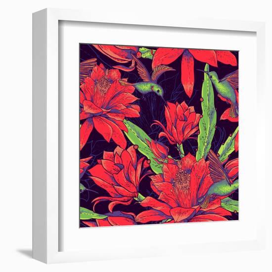 Seamless Background Flowers and Hummingbirds-Varvara Kurakina-Framed Art Print