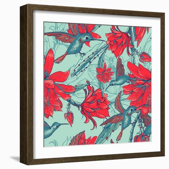 Seamless Background Flowers and Hummingbirds-Varvara Kurakina-Framed Art Print