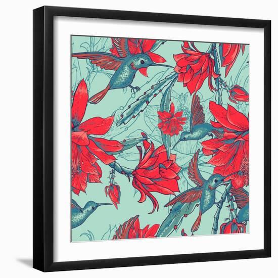 Seamless Background Flowers and Hummingbirds-Varvara Kurakina-Framed Art Print