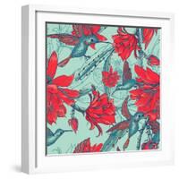 Seamless Background Flowers and Hummingbirds-Varvara Kurakina-Framed Art Print