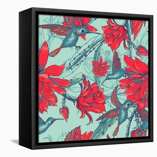 Seamless Background Flowers and Hummingbirds-Varvara Kurakina-Framed Stretched Canvas