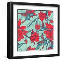 Seamless Background Flowers and Hummingbirds-Varvara Kurakina-Framed Art Print