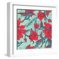 Seamless Background Flowers and Hummingbirds-Varvara Kurakina-Framed Art Print