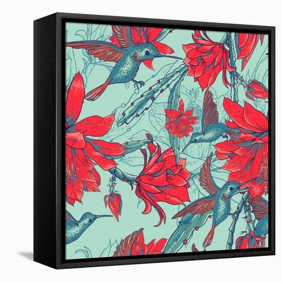 Seamless Background Flowers and Hummingbirds-Varvara Kurakina-Framed Stretched Canvas