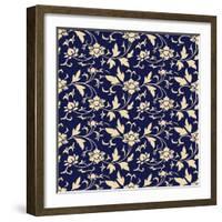 Seamless Background Retro Navy Blue Botanic Garden Flower Vine Chintz-Phoebe Yu-Framed Art Print