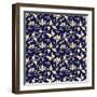 Seamless Background Retro Navy Blue Botanic Garden Flower Vine Chintz-Phoebe Yu-Framed Art Print