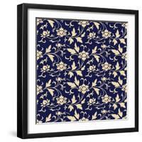 Seamless Background Retro Navy Blue Botanic Garden Flower Vine Chintz-Phoebe Yu-Framed Art Print