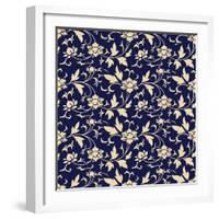 Seamless Background Retro Navy Blue Botanic Garden Flower Vine Chintz-Phoebe Yu-Framed Art Print