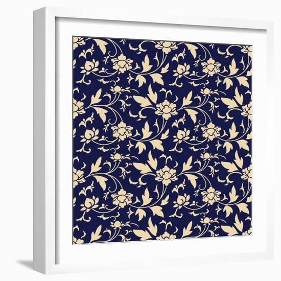 Seamless Background Retro Navy Blue Botanic Garden Flower Vine Chintz-Phoebe Yu-Framed Art Print