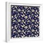 Seamless Background Retro Navy Blue Botanic Garden Flower Vine Chintz-Phoebe Yu-Framed Art Print