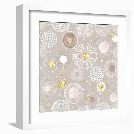 Seamless Christmas Background with Doodle Circles Randomly Distributed, Golden Foil Circles, Waterc-Nikiparonak-Framed Art Print