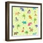 Seamless Different South Animals and Plants Pattern with Cartoon Elephant, Camel, Hippopotamus-Nataliia Vzyshnevska-Framed Art Print