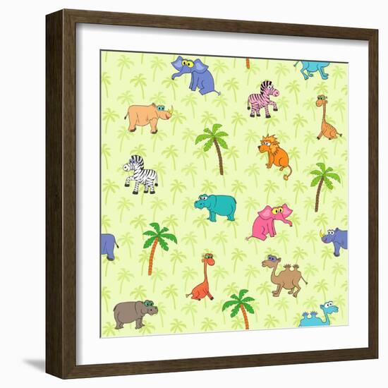 Seamless Different South Animals and Plants Pattern with Cartoon Elephant, Camel, Hippopotamus-Nataliia Vzyshnevska-Framed Art Print