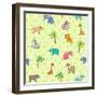 Seamless Different South Animals and Plants Pattern with Cartoon Elephant, Camel, Hippopotamus-Nataliia Vzyshnevska-Framed Art Print