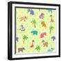 Seamless Different South Animals and Plants Pattern with Cartoon Elephant, Camel, Hippopotamus-Nataliia Vzyshnevska-Framed Art Print