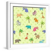 Seamless Different South Animals and Plants Pattern with Cartoon Elephant, Camel, Hippopotamus-Nataliia Vzyshnevska-Framed Art Print