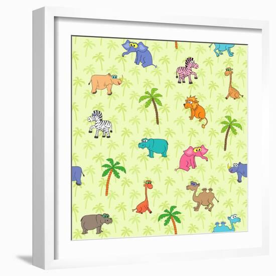Seamless Different South Animals and Plants Pattern with Cartoon Elephant, Camel, Hippopotamus-Nataliia Vzyshnevska-Framed Art Print