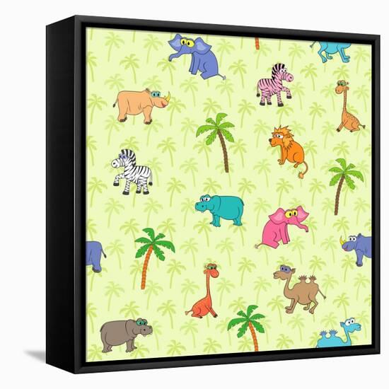 Seamless Different South Animals and Plants Pattern with Cartoon Elephant, Camel, Hippopotamus-Nataliia Vzyshnevska-Framed Stretched Canvas