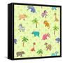 Seamless Different South Animals and Plants Pattern with Cartoon Elephant, Camel, Hippopotamus-Nataliia Vzyshnevska-Framed Stretched Canvas