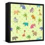 Seamless Different South Animals and Plants Pattern with Cartoon Elephant, Camel, Hippopotamus-Nataliia Vzyshnevska-Framed Stretched Canvas