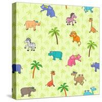 Seamless Different South Animals and Plants Pattern with Cartoon Elephant, Camel, Hippopotamus-Nataliia Vzyshnevska-Stretched Canvas