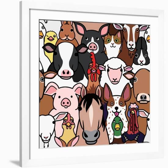 Seamless Doodle Farm Animals Faces Background-Studio Ayutaka-Framed Art Print