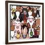 Seamless Doodle Farm Animals Faces Background-Studio Ayutaka-Framed Art Print